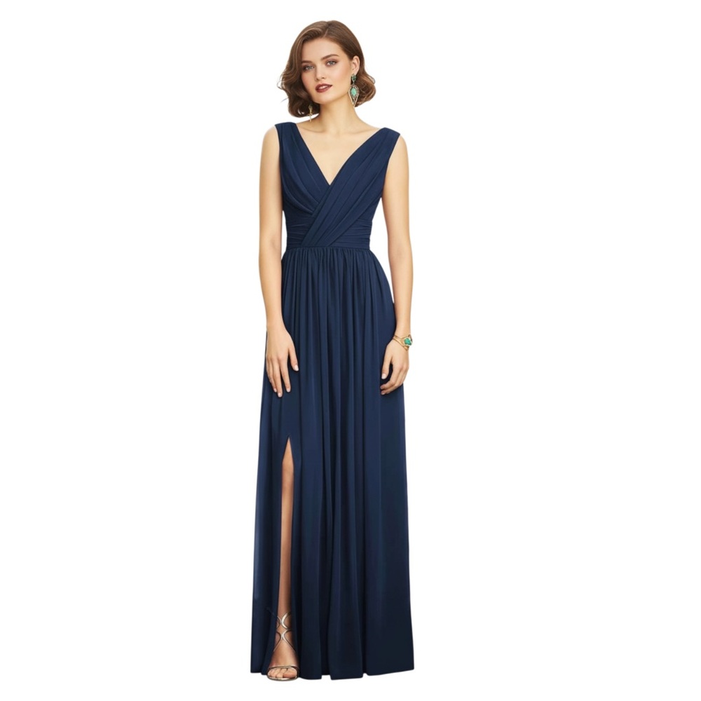 Dessy Collection Vivian Diamond Surplice Ruched Chiffon Gown, Midnight Blue, 8R‎